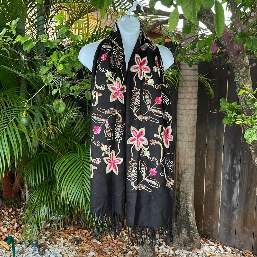 Black Flower Embroidered Scarf